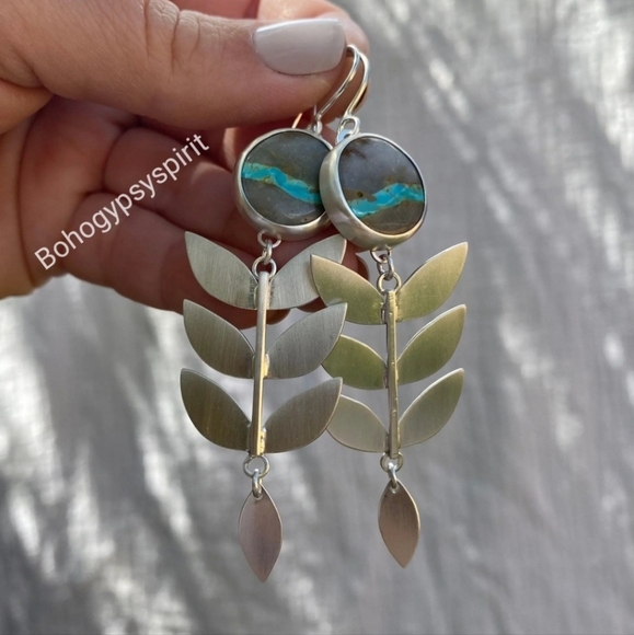 Boho Retro Leaf Dangle Drop  Earrings With Pine Stone - Picture 4 of 12